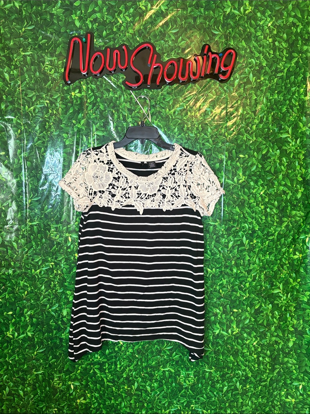 new directions Black & Cream Striped Short-Sleeve Top with Crochet Yoke